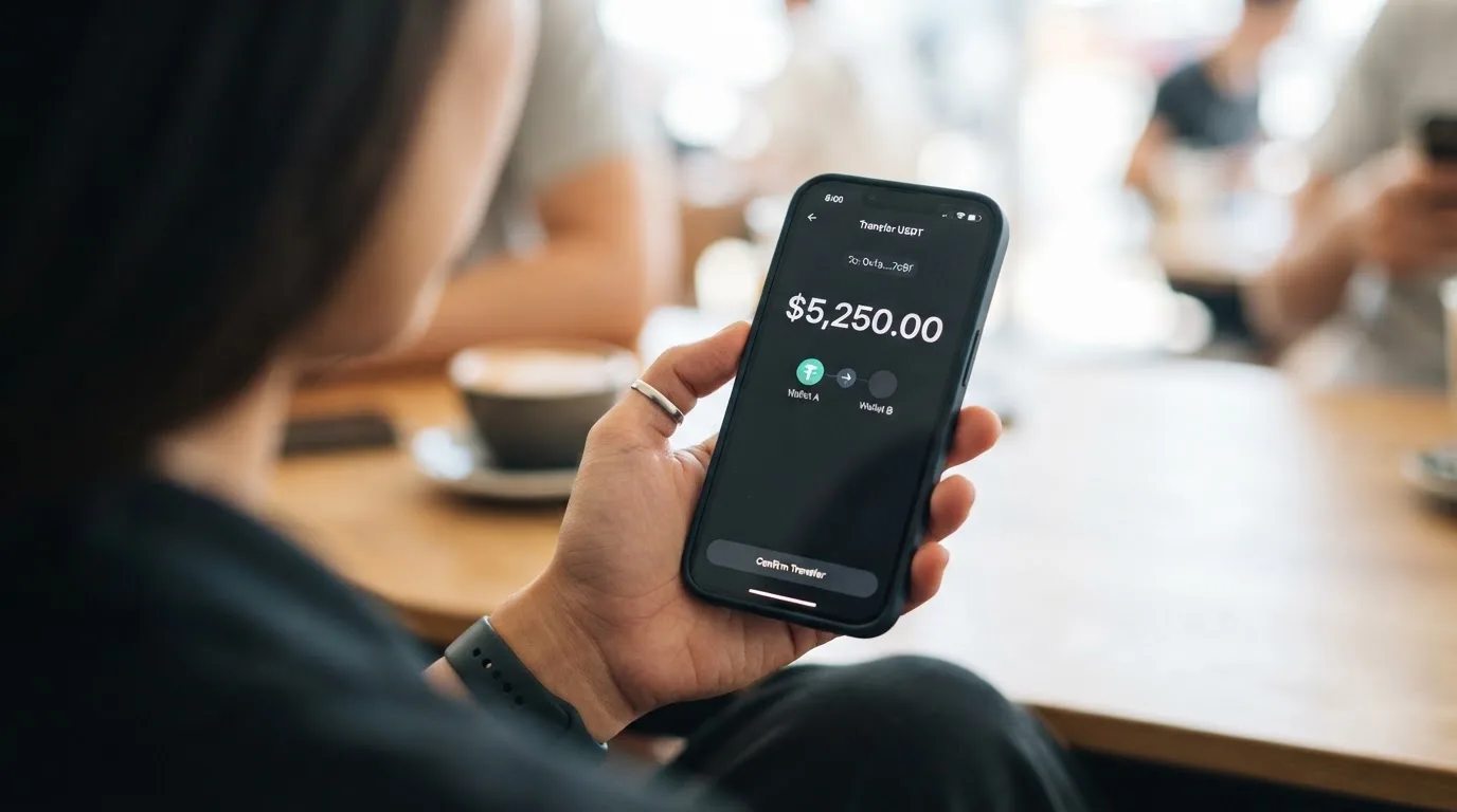 A phone showing a stablecoin transfer screen