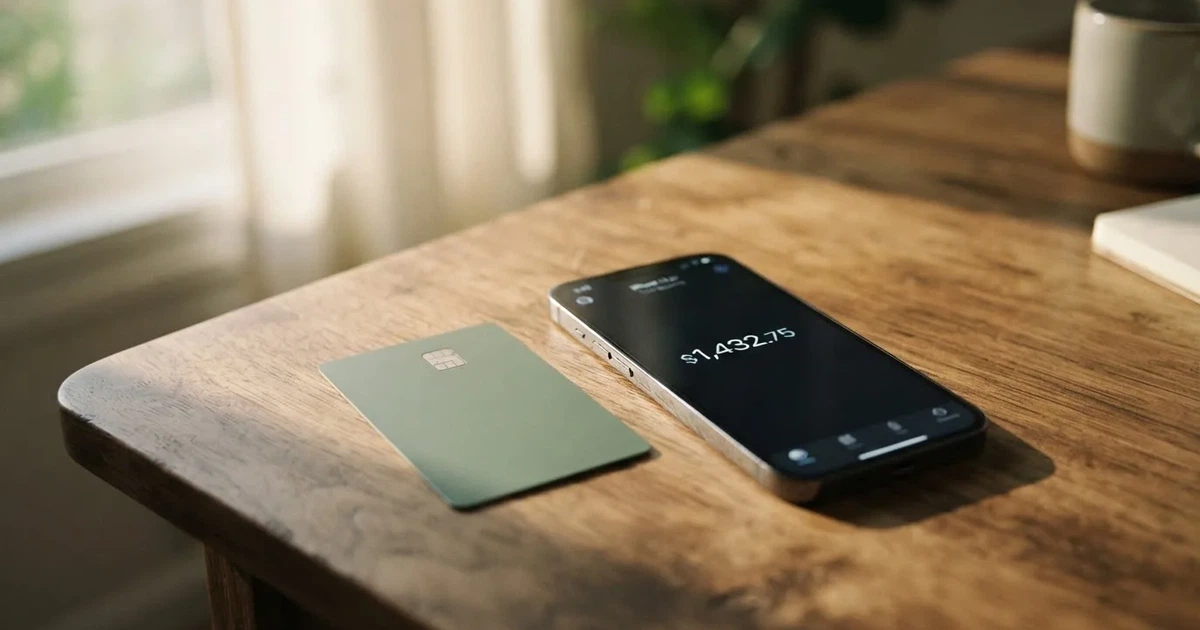 A payment card next to a phone with a crypto wallet app open