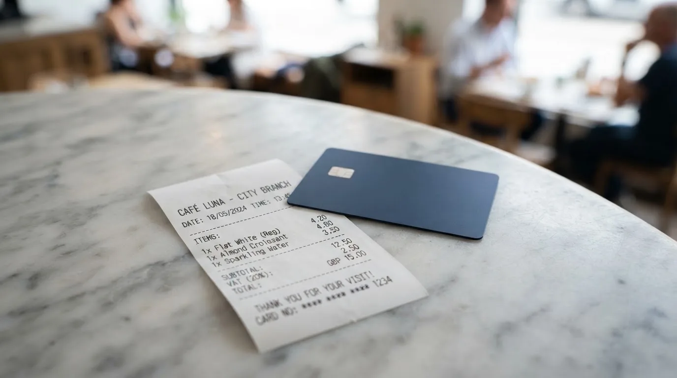 A receipt and a card on a café table