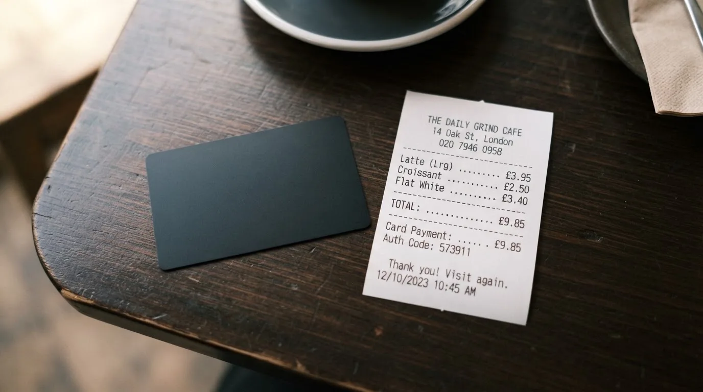 A receipt and a card on a café table