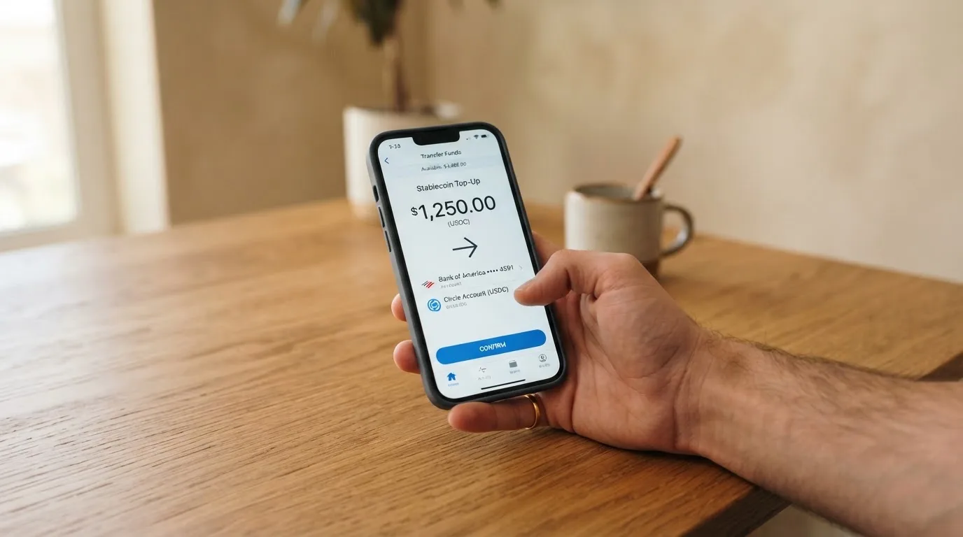A phone showing a stablecoin transfer screen