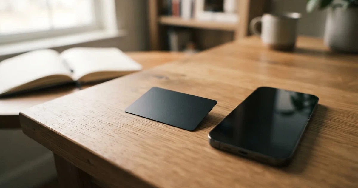 A payment card next to a phone with a crypto wallet app open