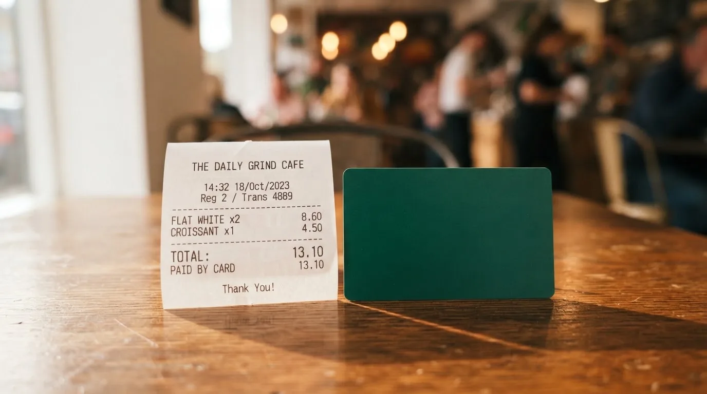 A receipt and a card on a café table