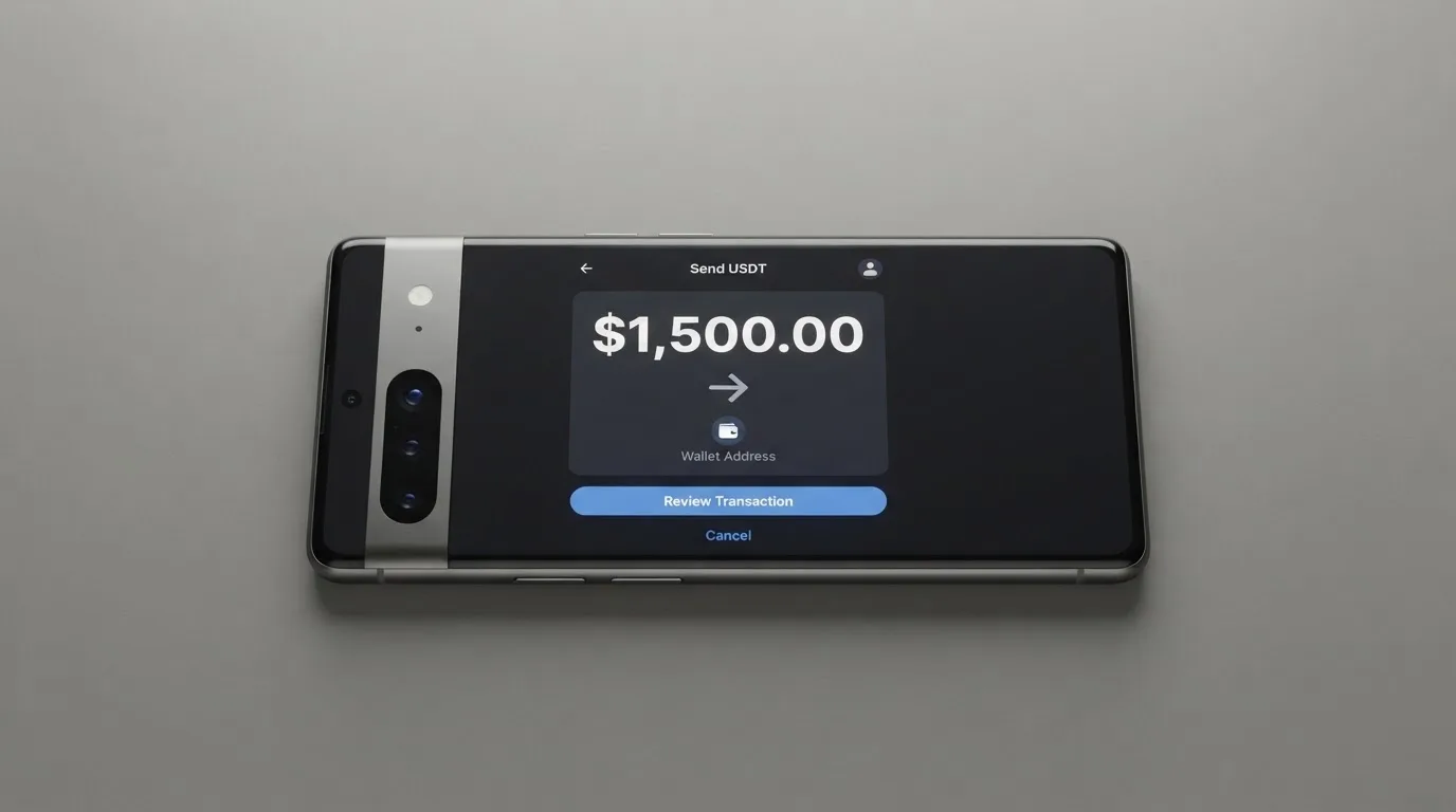 A phone showing a stablecoin transfer screen