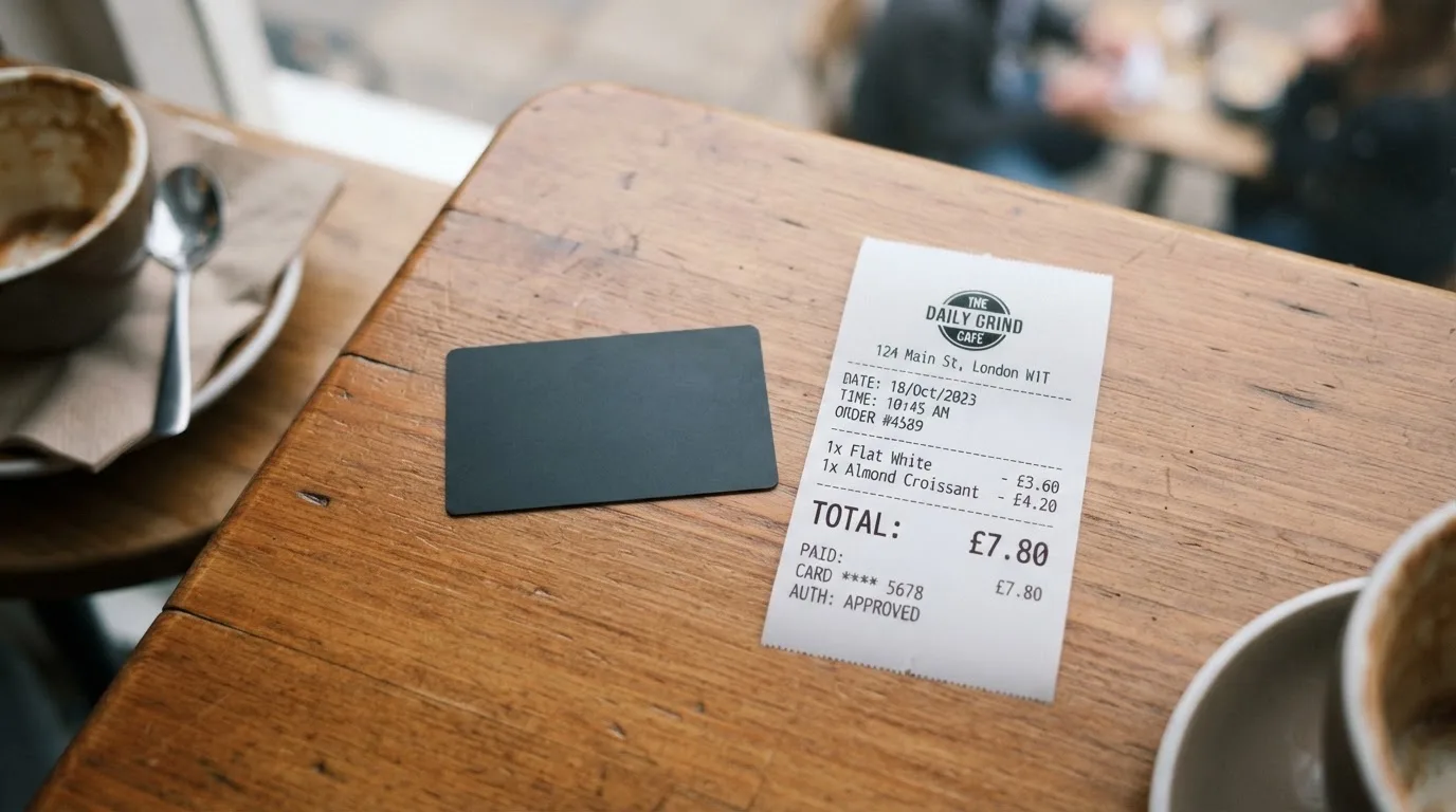 A receipt and a card on a café table