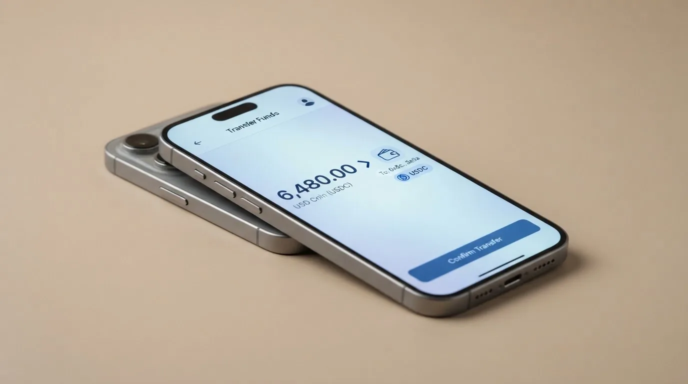 A phone showing a stablecoin transfer screen