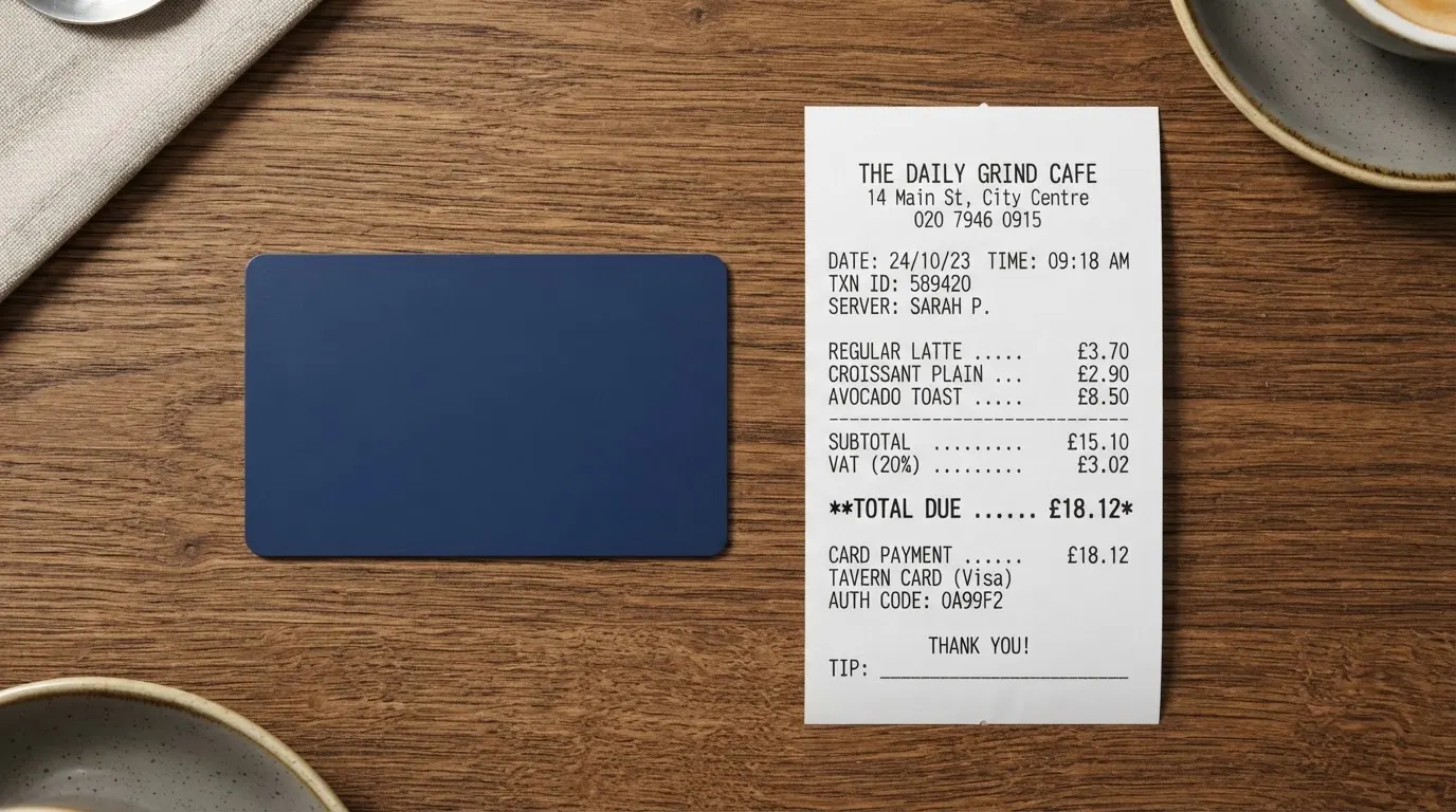 A receipt and a card on a café table