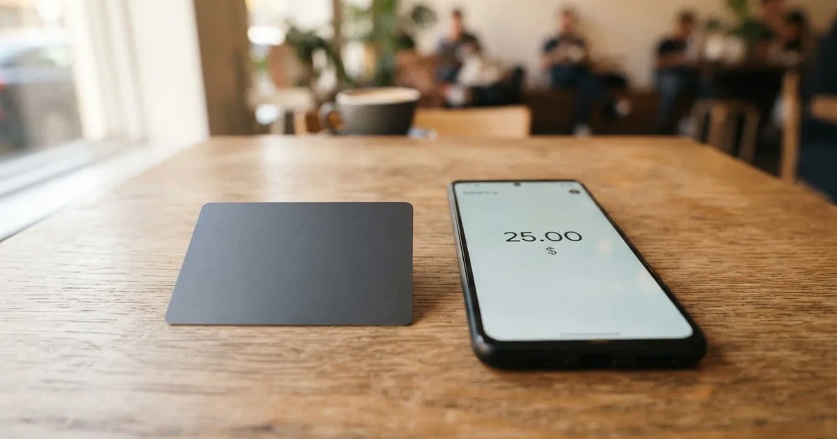 A payment card next to a phone with a crypto wallet app open