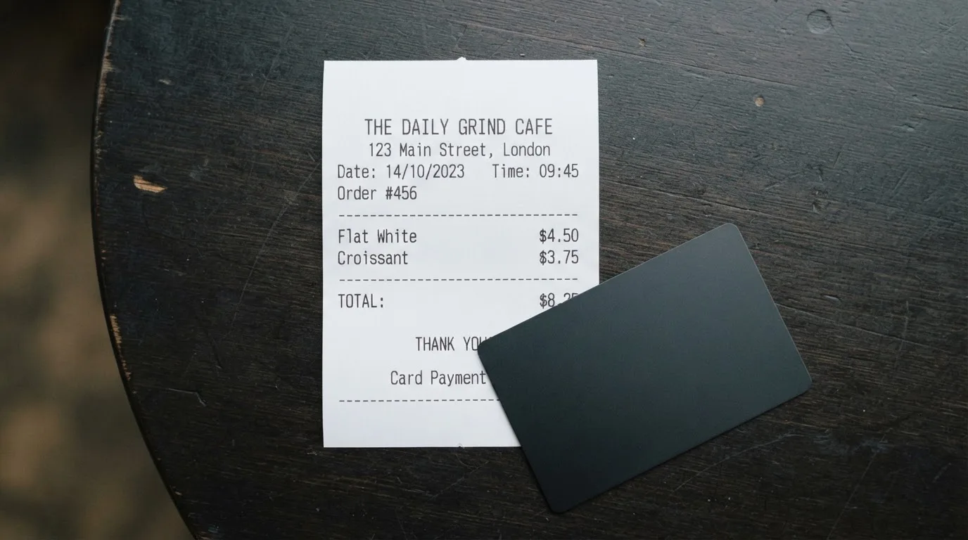 A receipt and a card on a café table