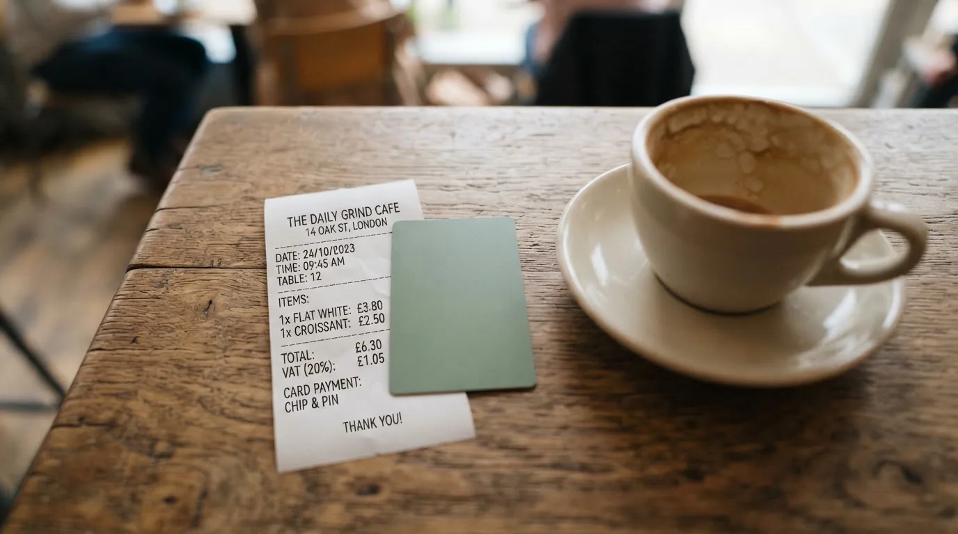 A receipt and a card on a café table