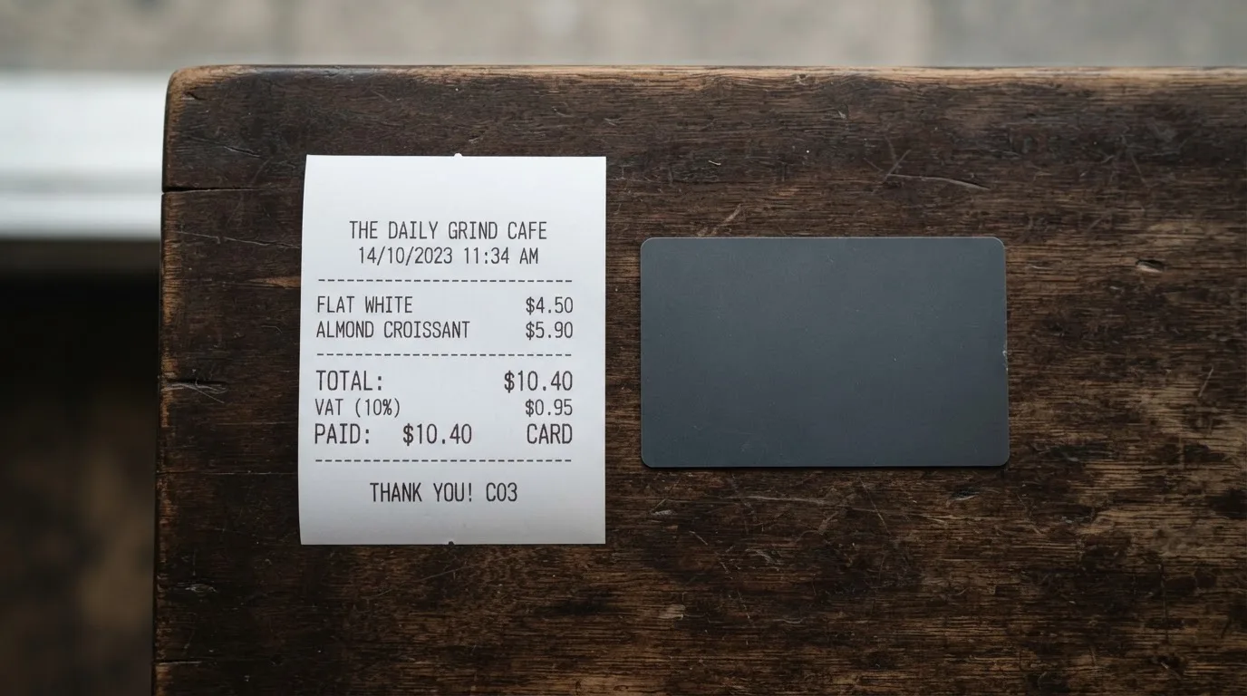 A receipt and a card on a café table