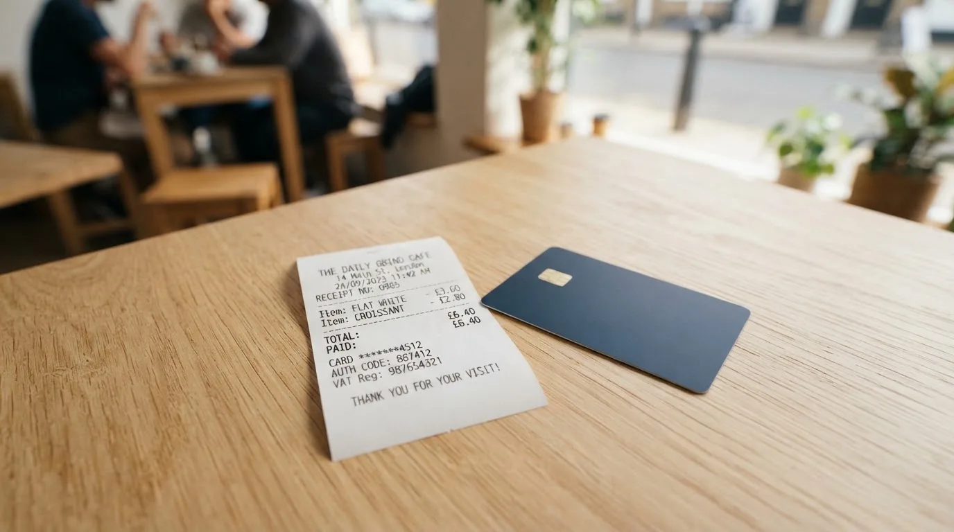 A receipt and a card on a café table