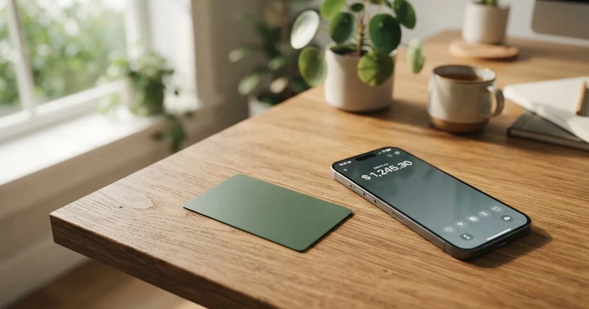 A payment card next to a phone with a crypto wallet app open