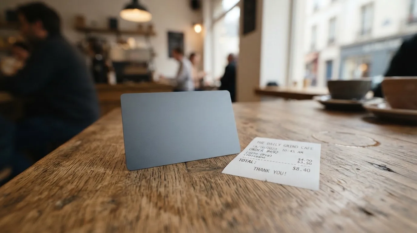 A receipt and a card on a café table