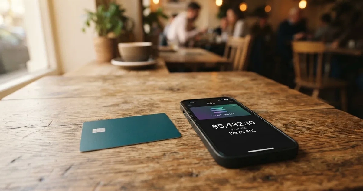 A payment card next to a phone with a crypto wallet app open