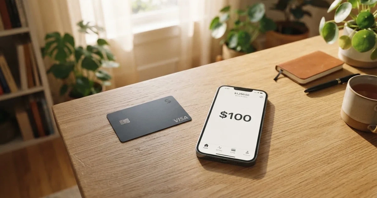 A payment card next to a phone with a crypto wallet app open