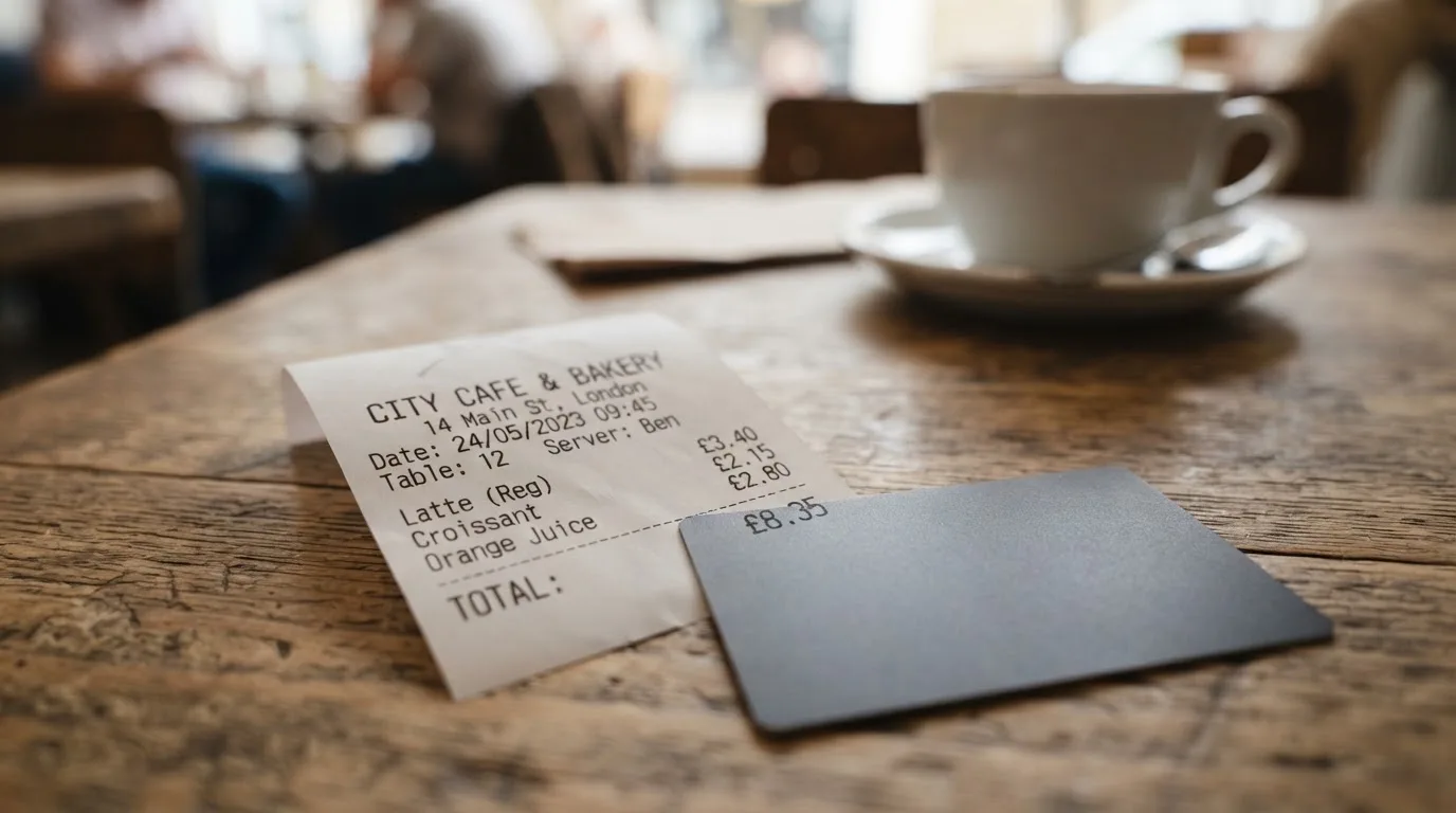 A receipt and a card on a café table