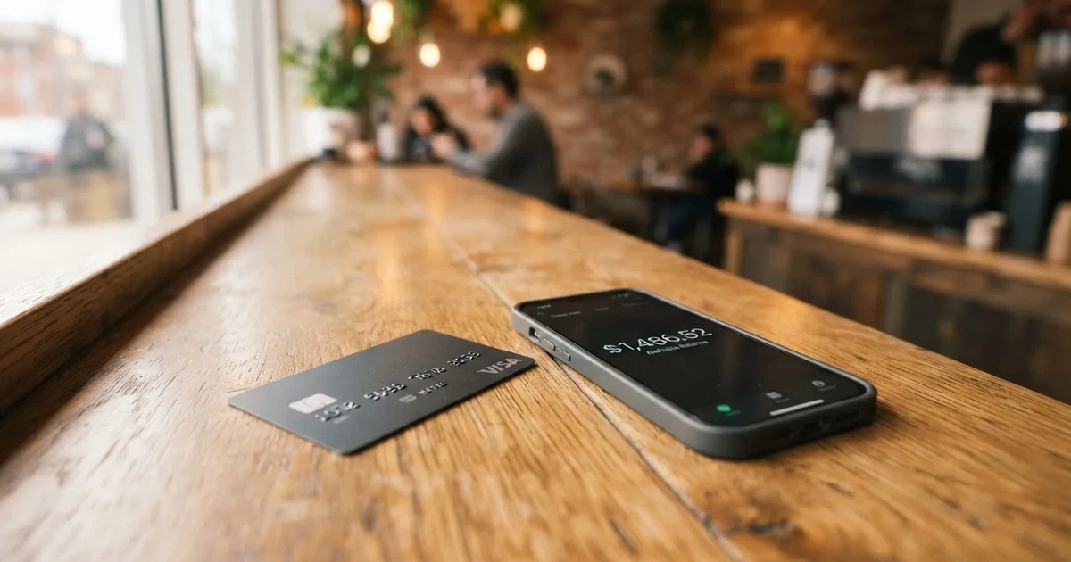 A payment card next to a phone with a crypto wallet app open