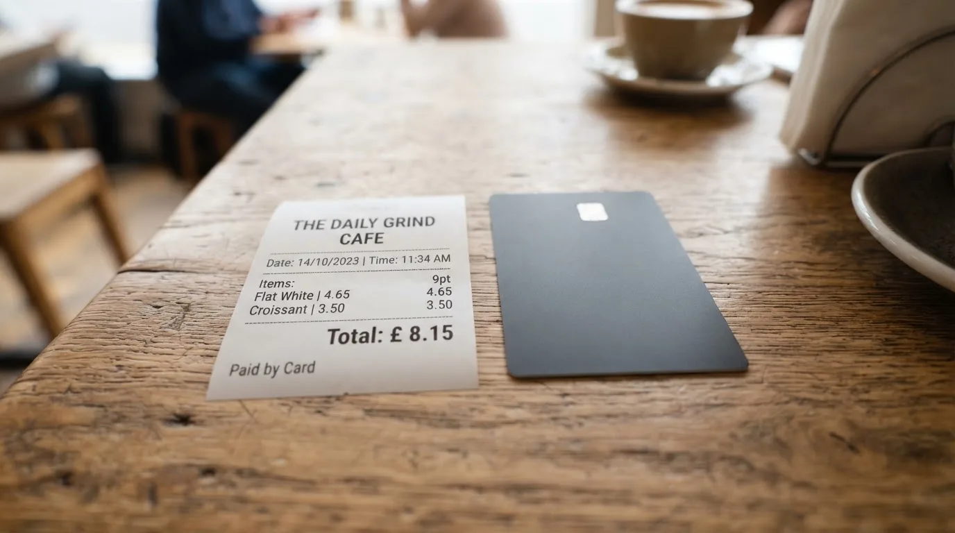 A receipt and a card on a café table