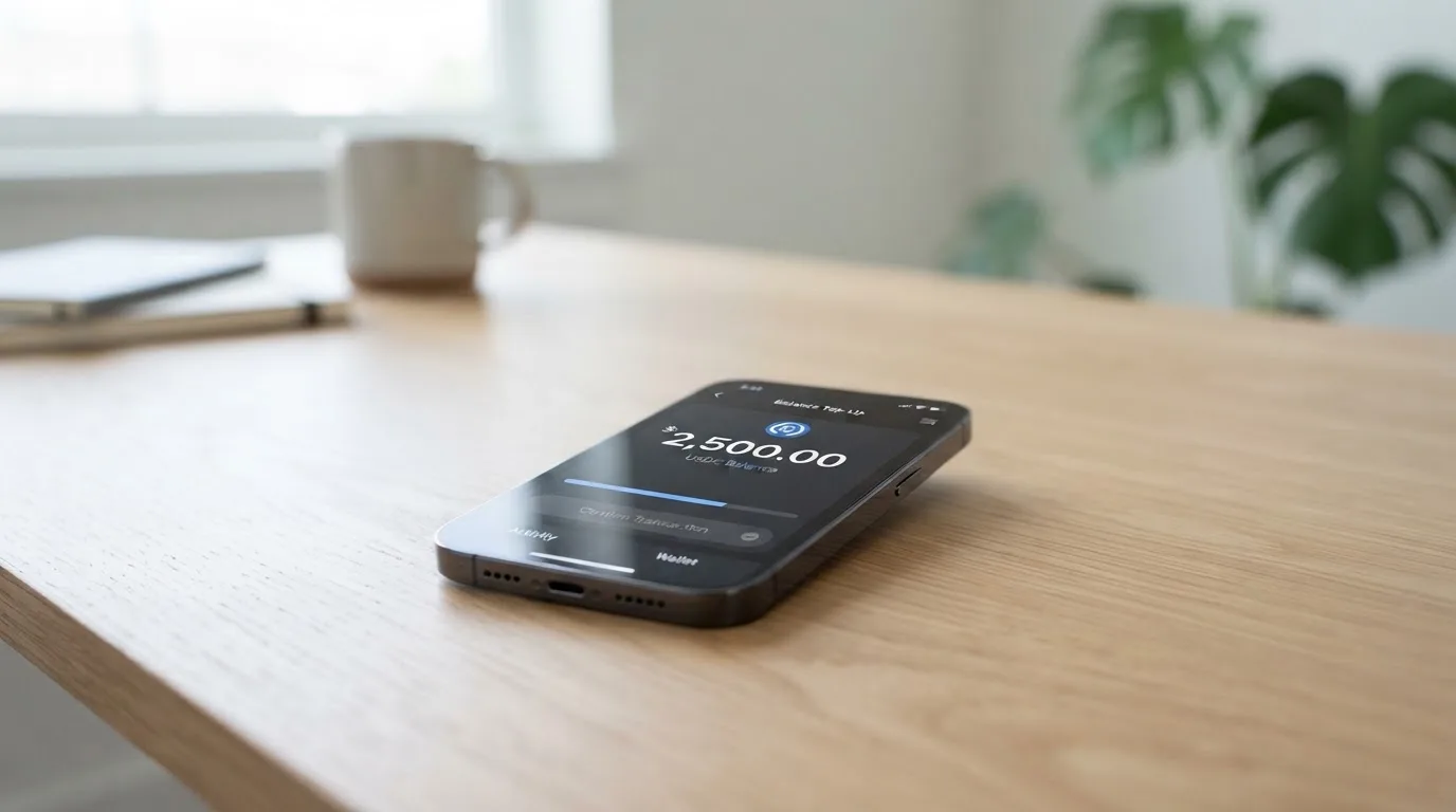 A phone showing a stablecoin transfer screen