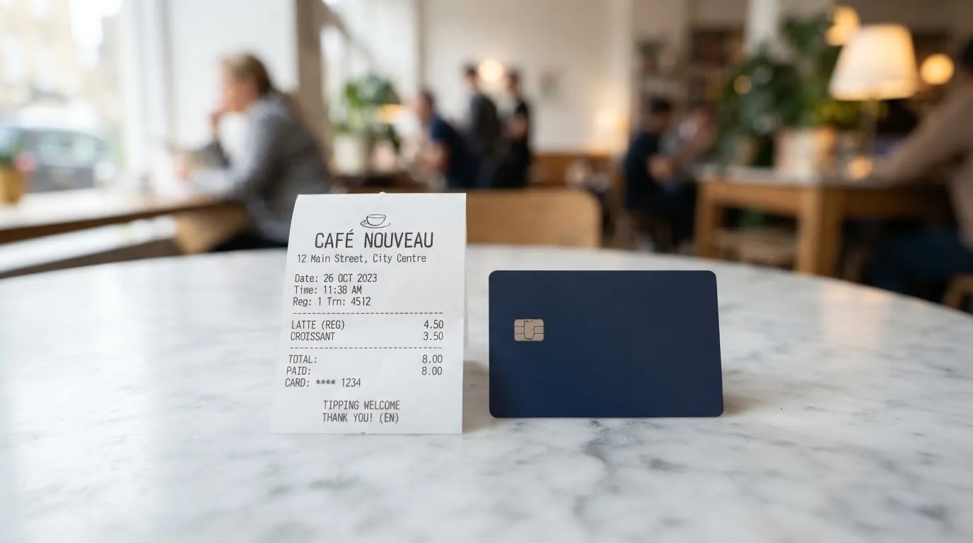A receipt and a card on a café table
