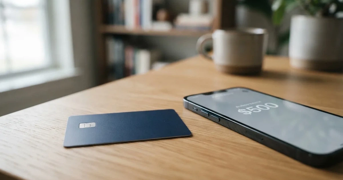 A payment card next to a phone with a crypto wallet app open