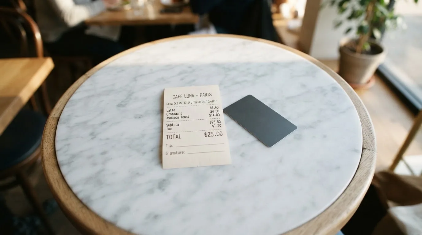 A receipt and a card on a café table