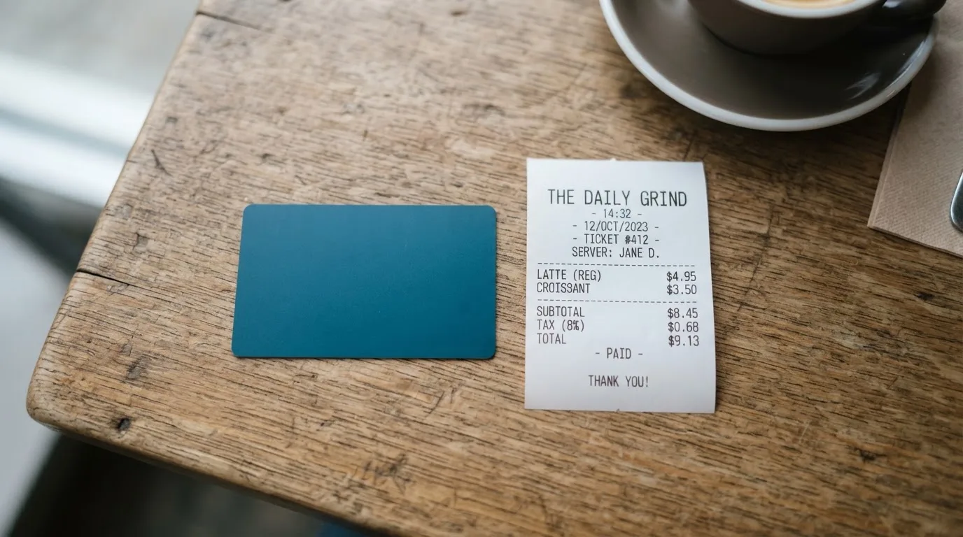 A receipt and a card on a café table