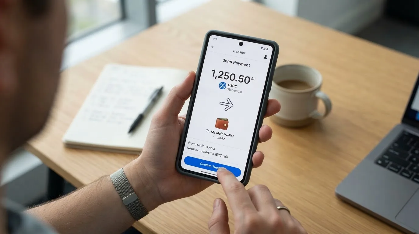 A phone showing a stablecoin transfer screen