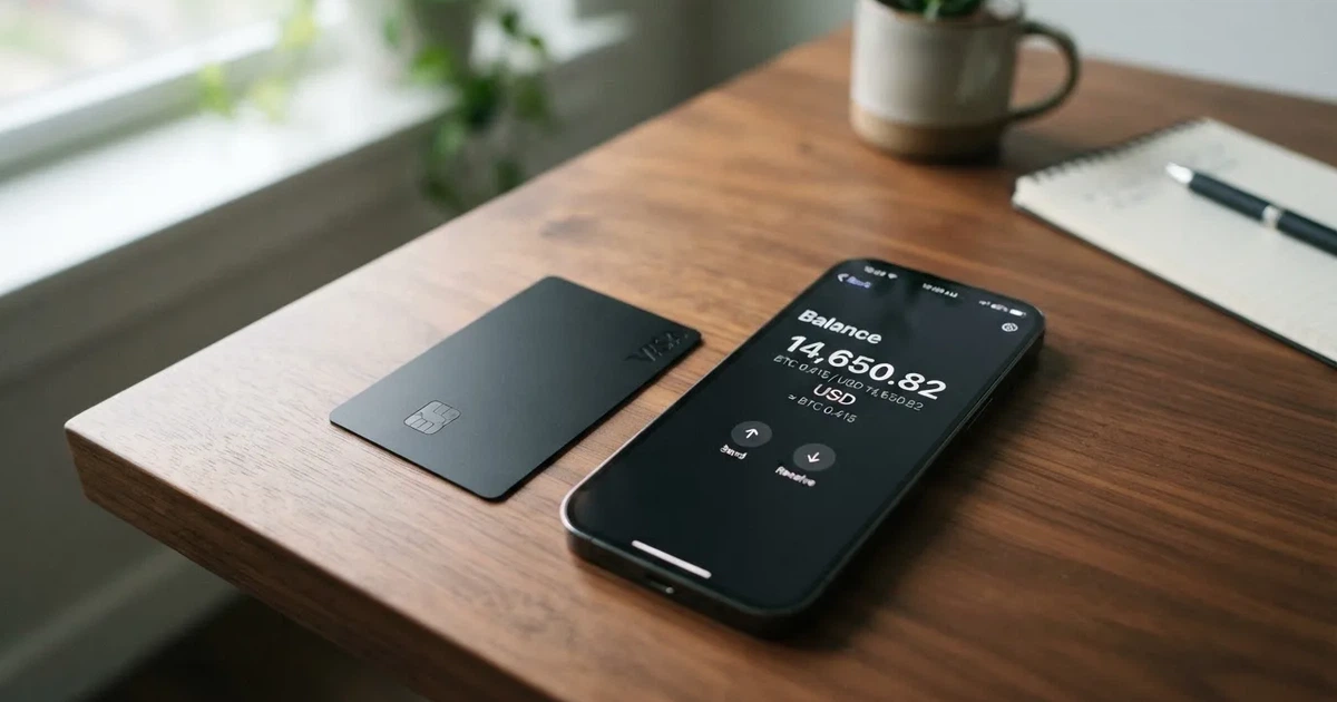 A payment card next to a phone with a crypto wallet app open