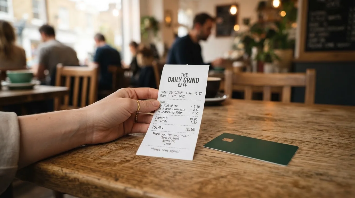A receipt and a card on a café table