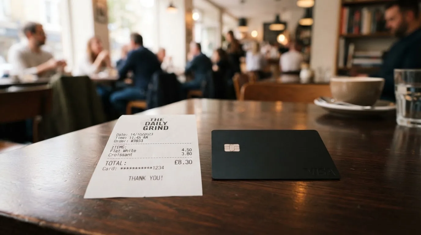 A receipt and a card on a café table