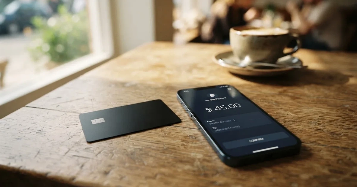 A payment card next to a phone with a crypto wallet app open