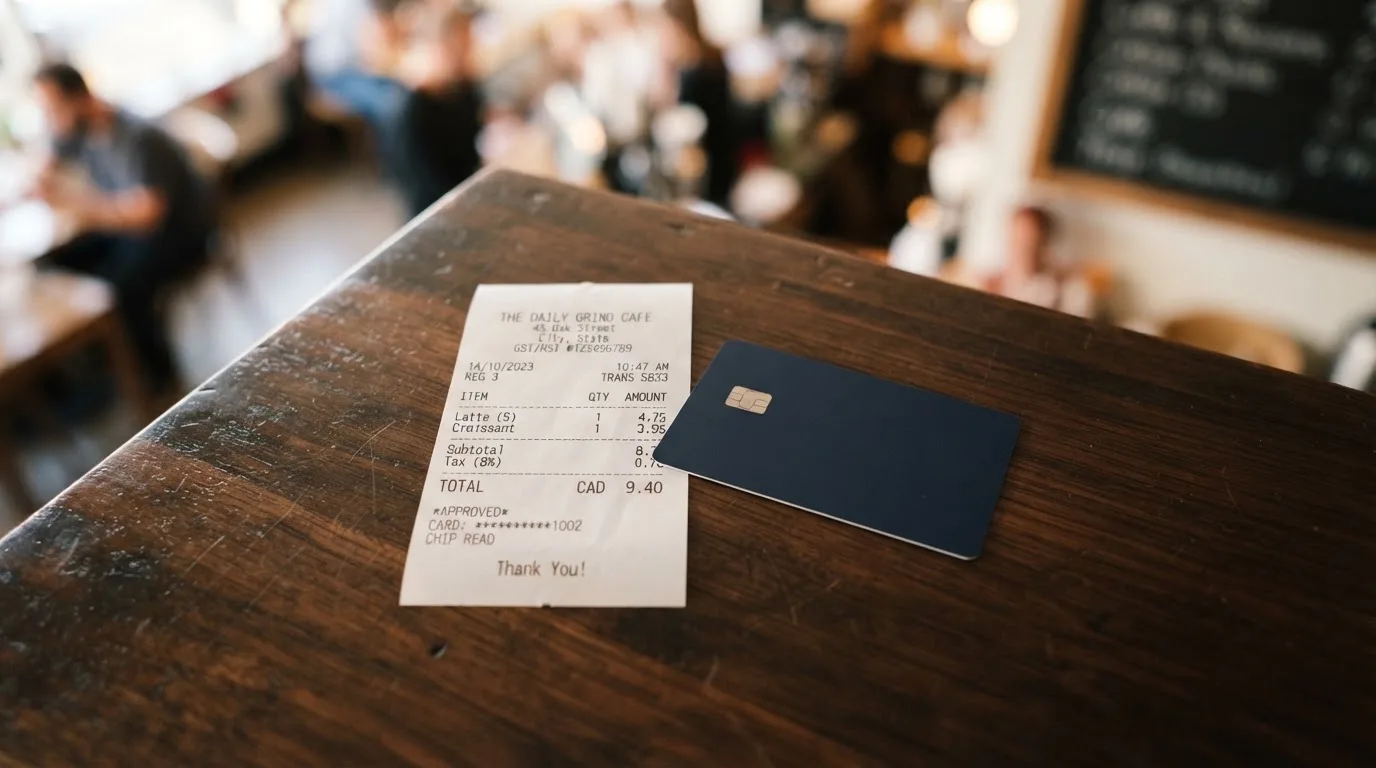 A receipt and a card on a café table
