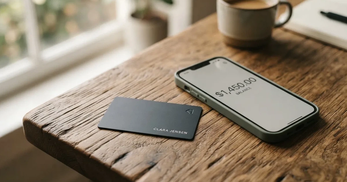 A payment card next to a phone with a crypto wallet app open