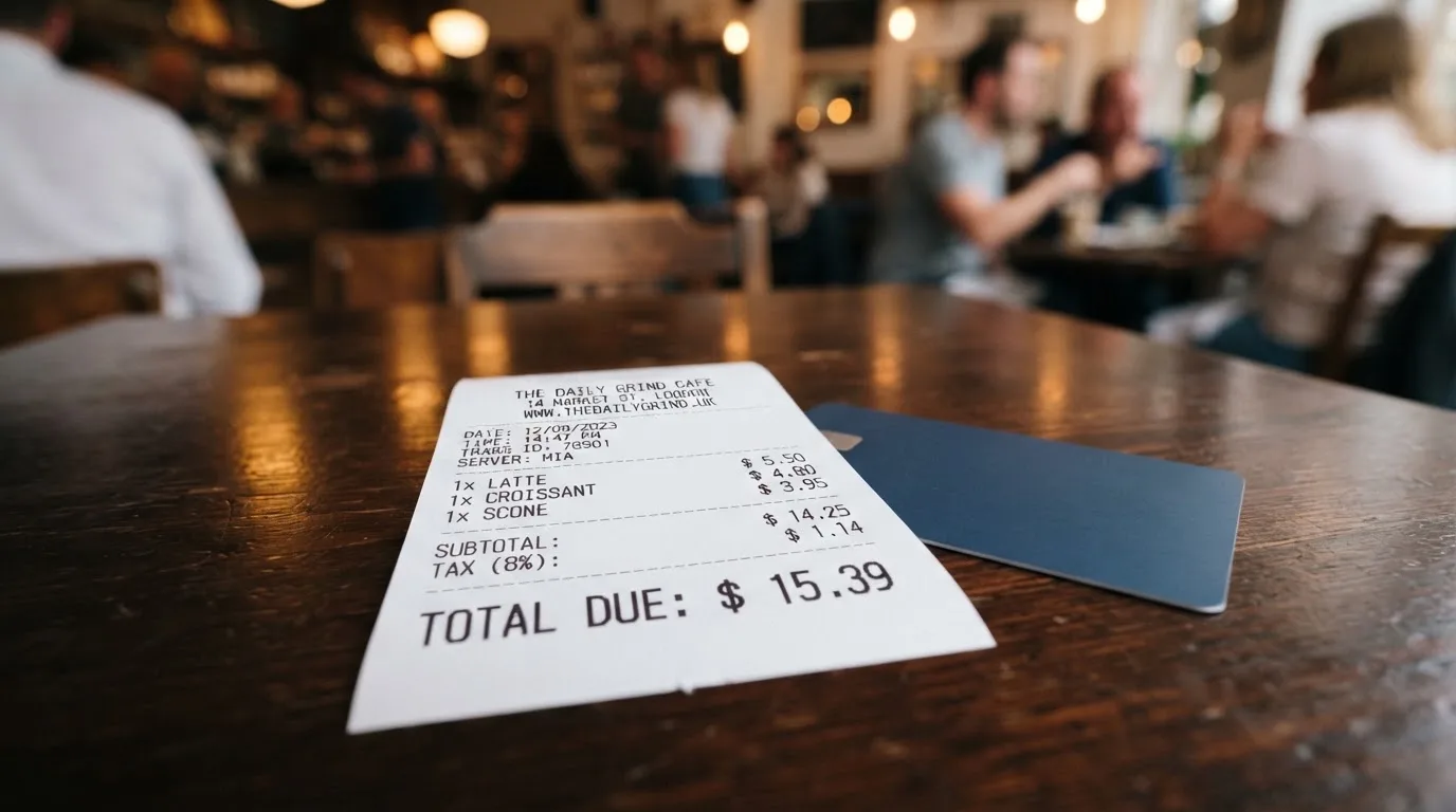 A receipt and a card on a café table