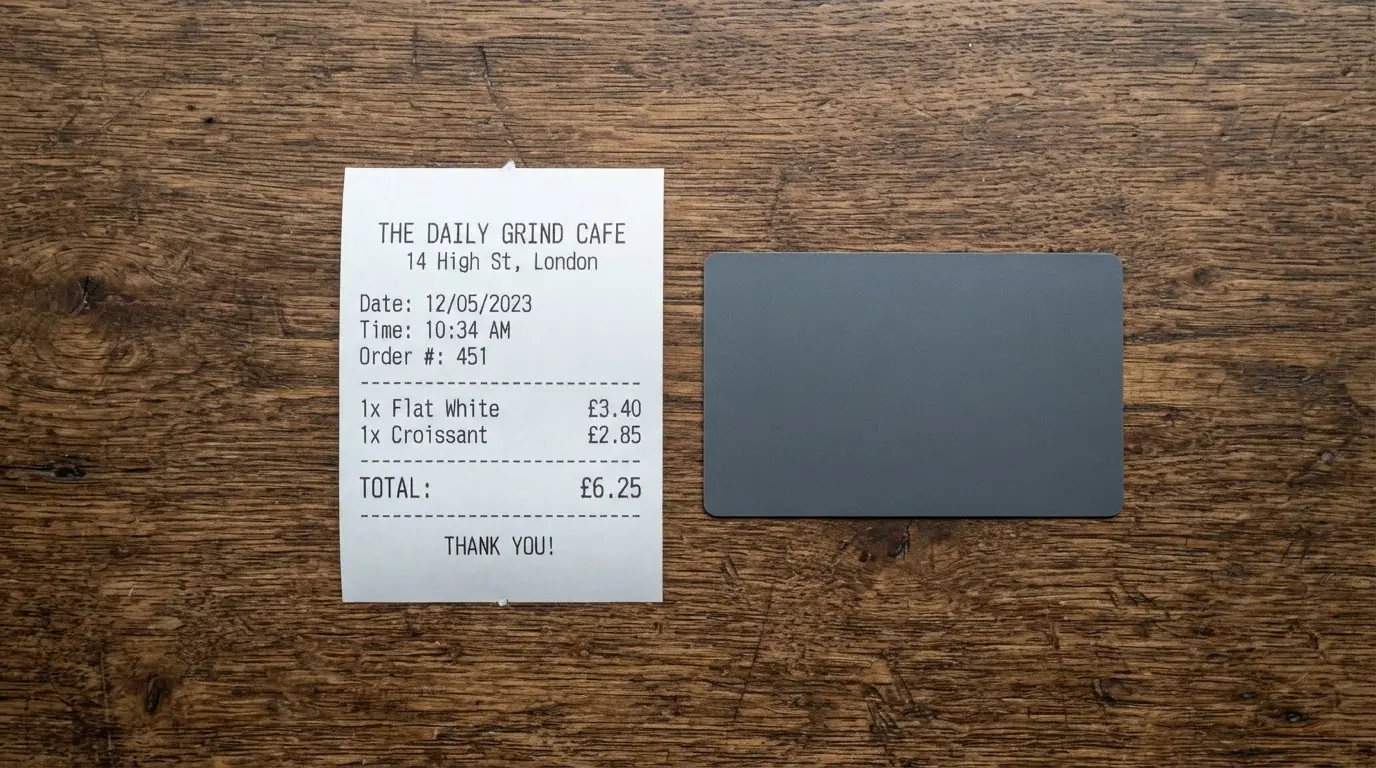 A receipt and a card on a café table