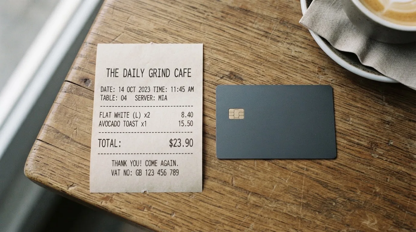 A receipt and a card on a café table