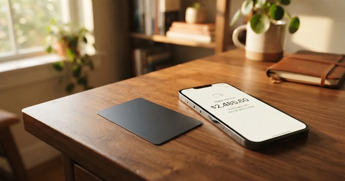 A payment card next to a phone with a crypto wallet app open