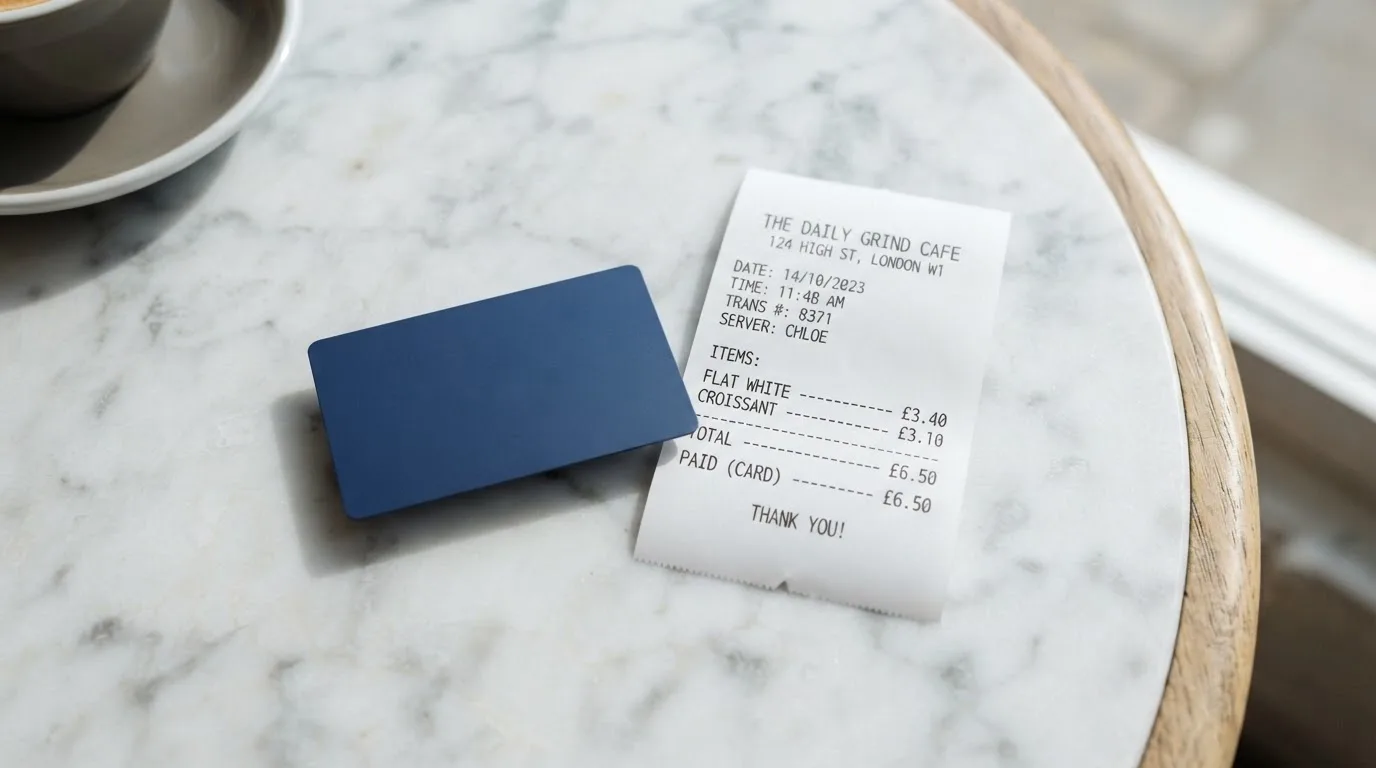 A receipt and a card on a café table