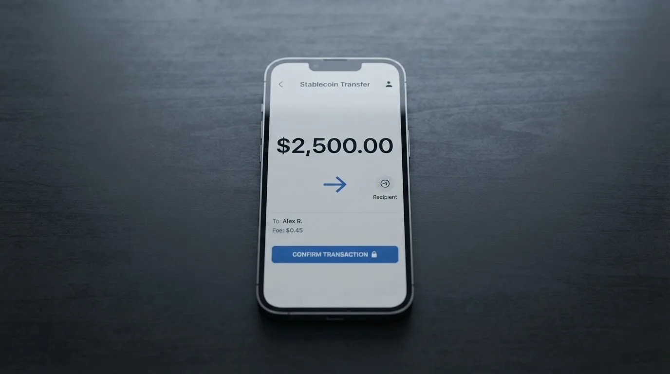 A phone showing a stablecoin transfer screen
