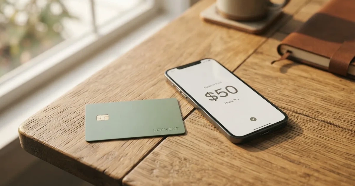 A payment card next to a phone with a crypto wallet app open