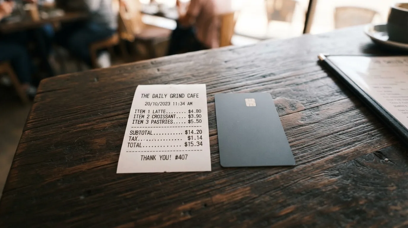A receipt and a card on a café table