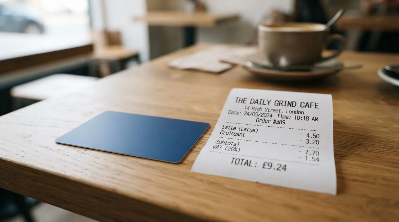 A receipt and a card on a café table