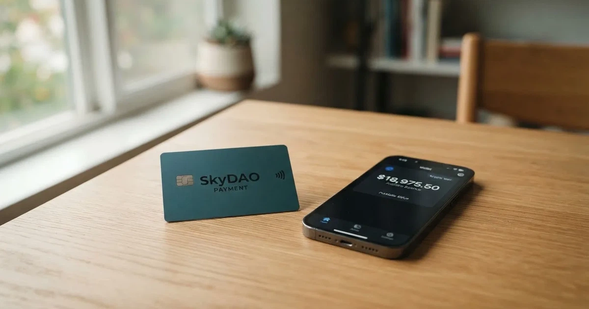 A payment card next to a phone with a crypto wallet app open