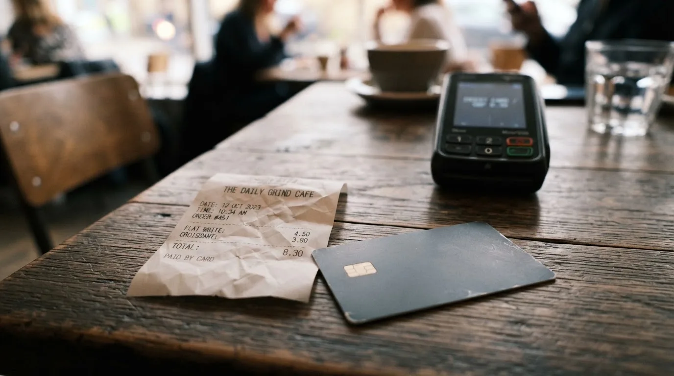 A receipt and a card on a café table