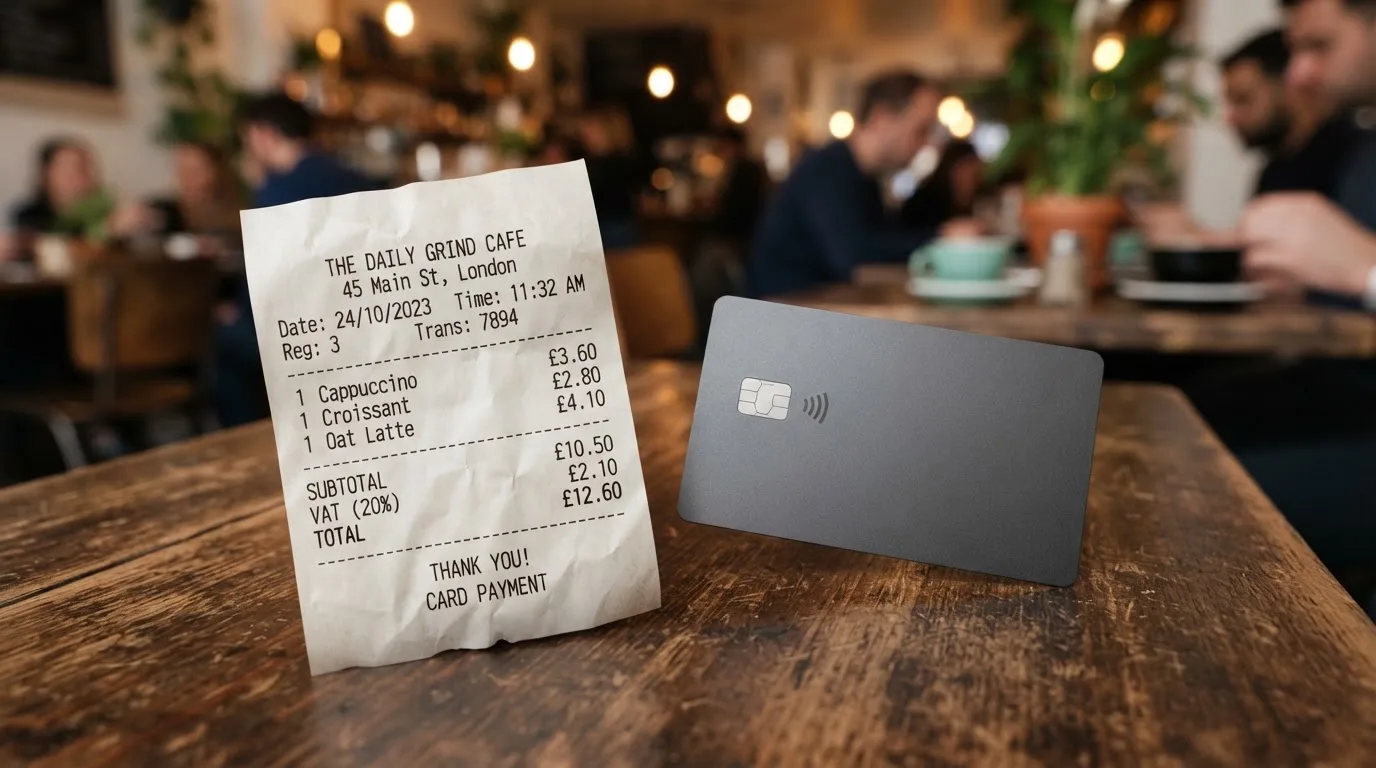 A receipt and a card on a café table
