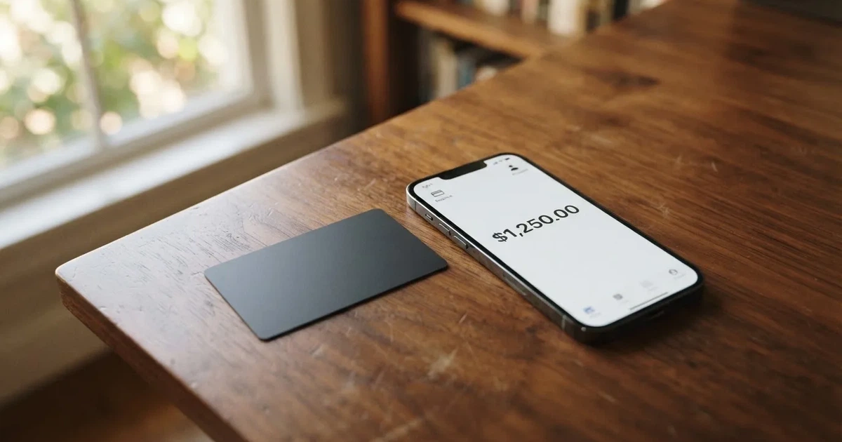 A payment card next to a phone with a crypto wallet app open