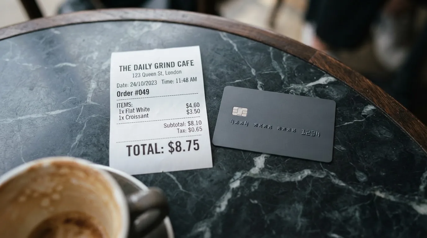 A receipt and a card on a café table