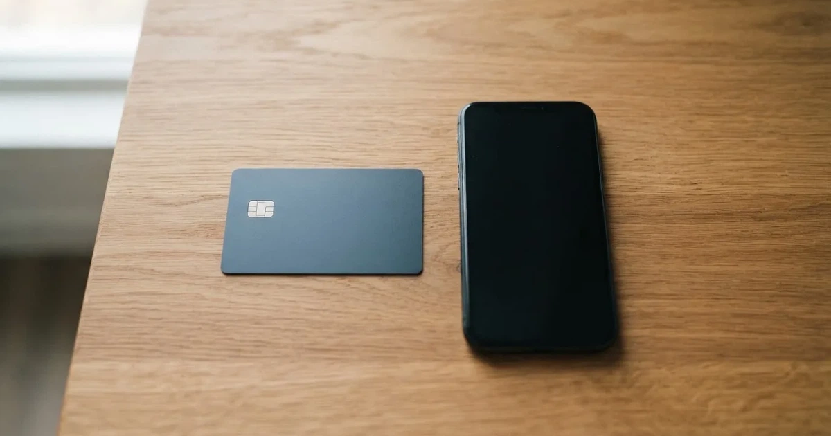 A payment card next to a phone with a crypto wallet app open